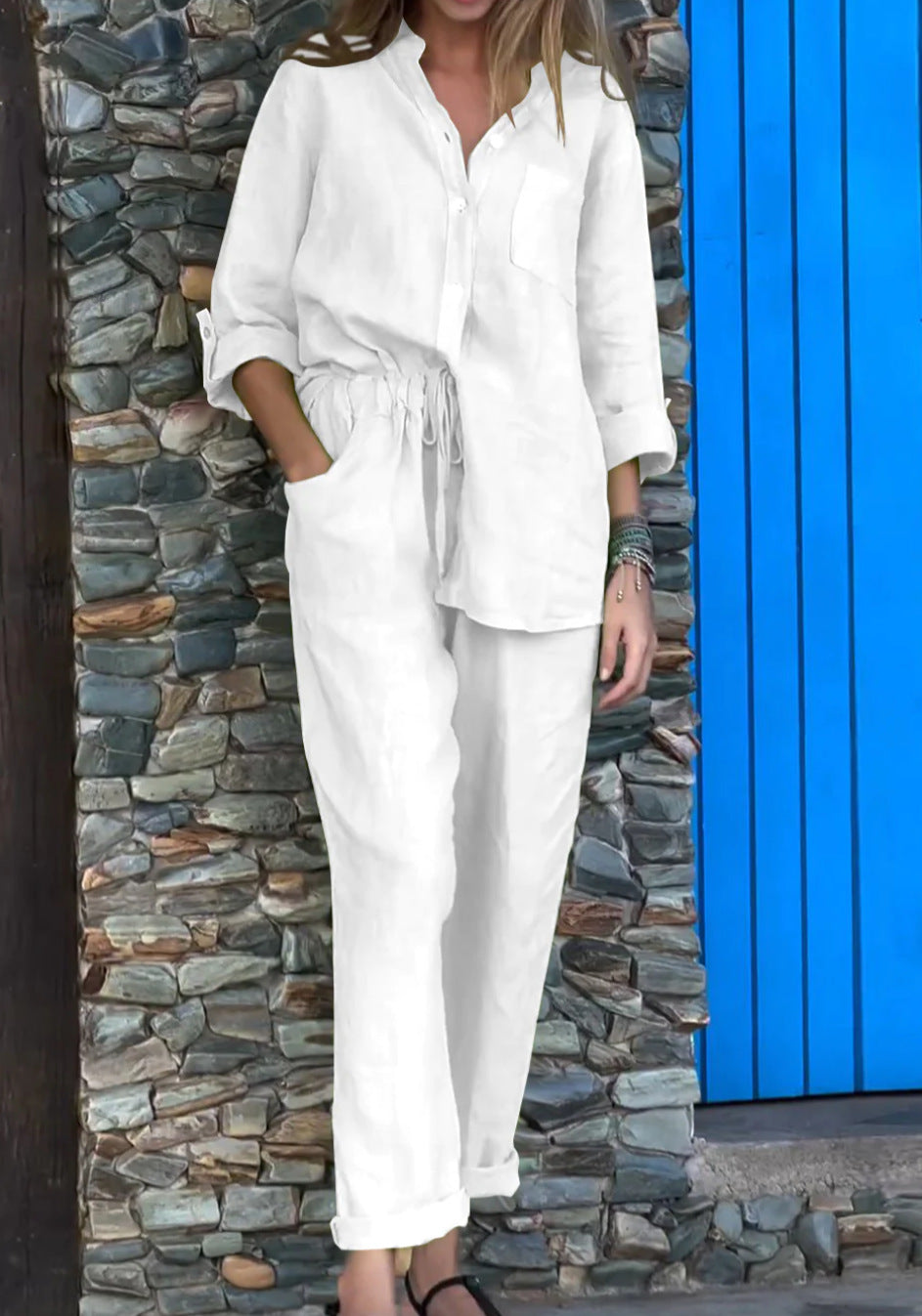 Chic Cotton Linen Set Greta  High Waist Trousers