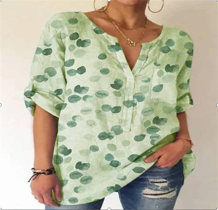 Printed V-Neck Cotton Blouse by Greta 