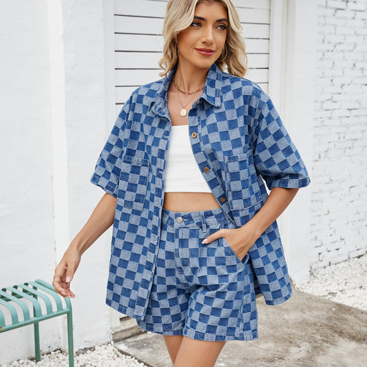 Trendy Greta  Geometric Denim Short Set