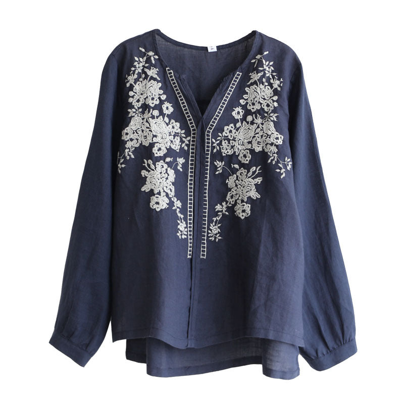 Vintage Embroidered Linen V-Neck Top by Greta 
