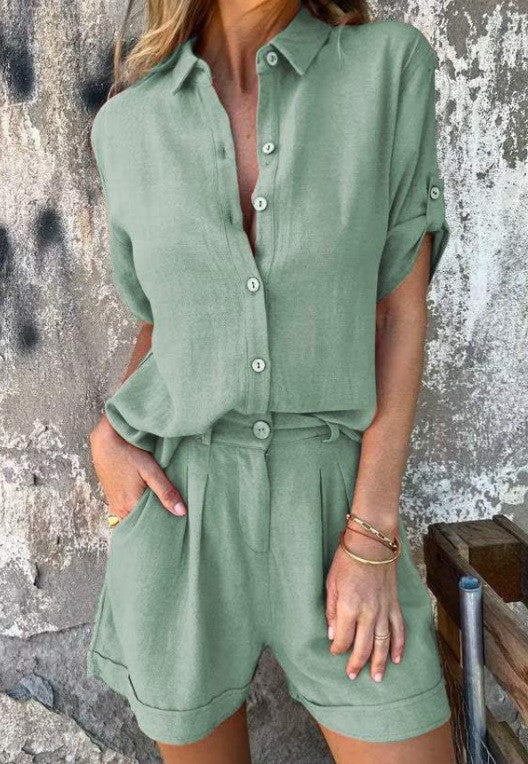 Chic Linen Blend Greta  Mid-Sleeve Shirt Set