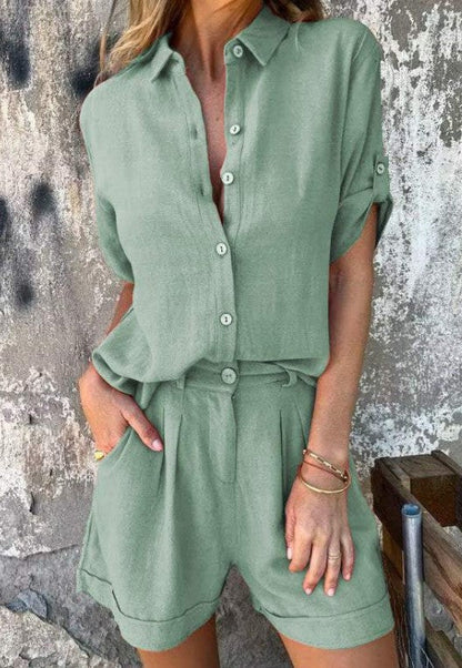Chic Linen Blend Greta  Mid-Sleeve Shirt Set