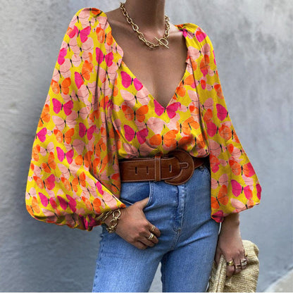 Retro Butterfly V-Neck Blouse by Greta 