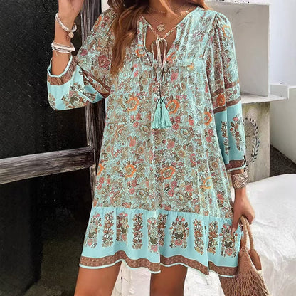 Bohemian Floral Greta  V-Neck Midi Dress