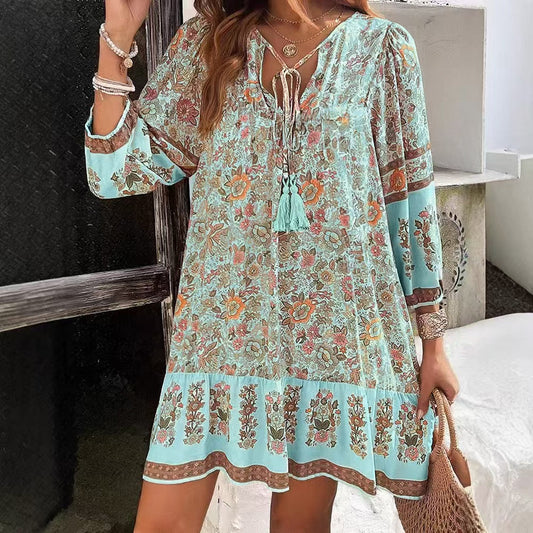 Bohemian Floral Greta  V-Neck Midi Dress