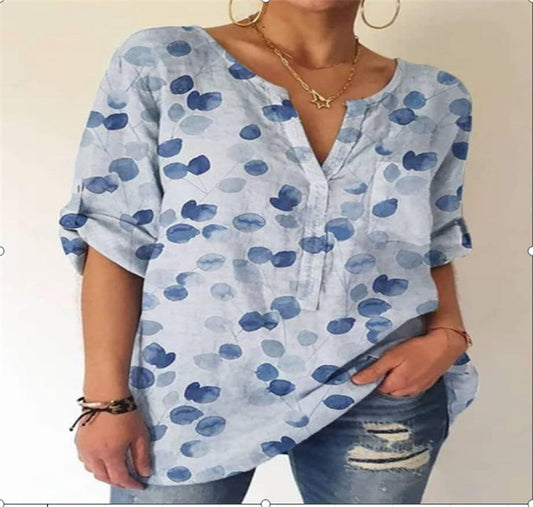 Printed V-Neck Cotton Blouse by Greta 