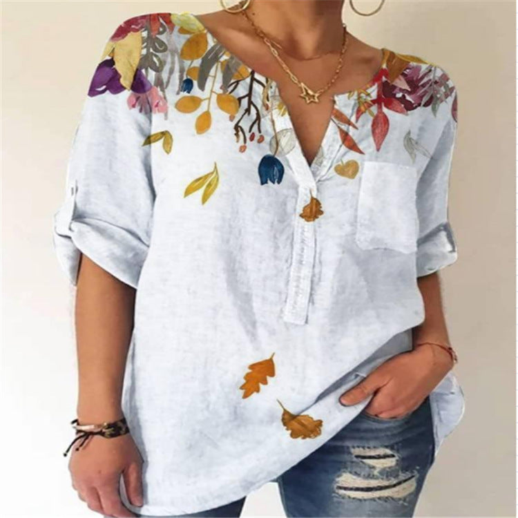 Printed V-Neck Cotton Blouse by Greta 