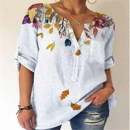 Printed V-Neck Cotton Blouse by Greta 