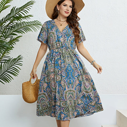 Retro Print Greta  V-Neck Summer Dress