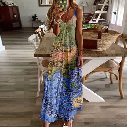 Chic Map Print Greta  High Waist Maxi Dress