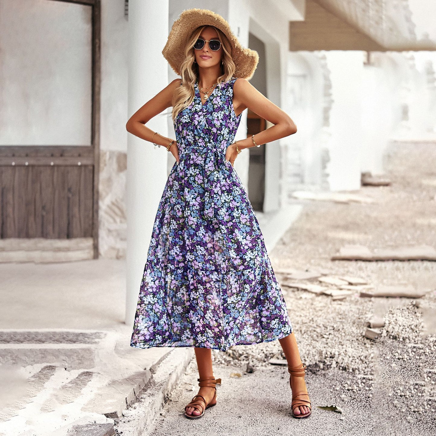 Chic Floral Greta  Vacation Midi Dress