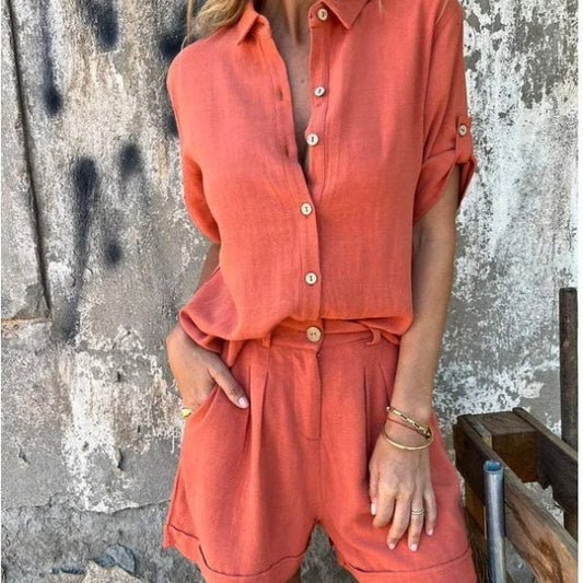 Chic Linen Blend Greta  Mid-Sleeve Shirt Set