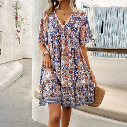 Boho Printed V-Neck Dress by Greta 