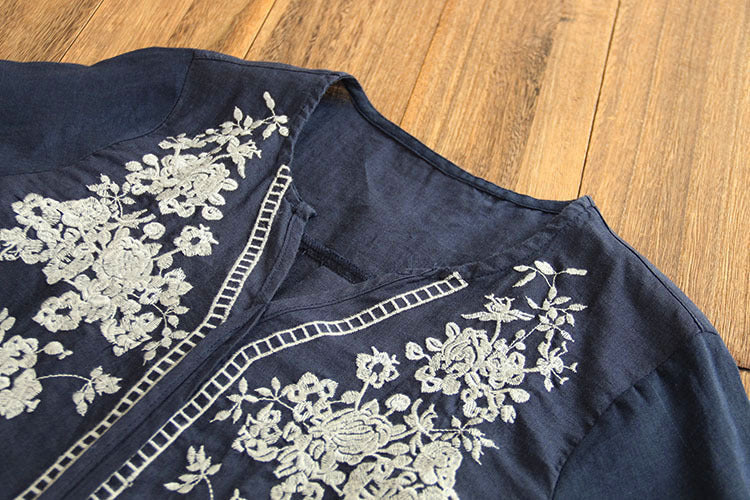 Vintage Embroidered Linen V-Neck Top by Greta 