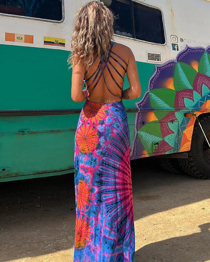 Vibrant Geometric Greta  Backless Maxi Dress