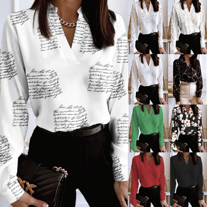 Printed V-Neck Long Sleeve Shirt by Greta 
