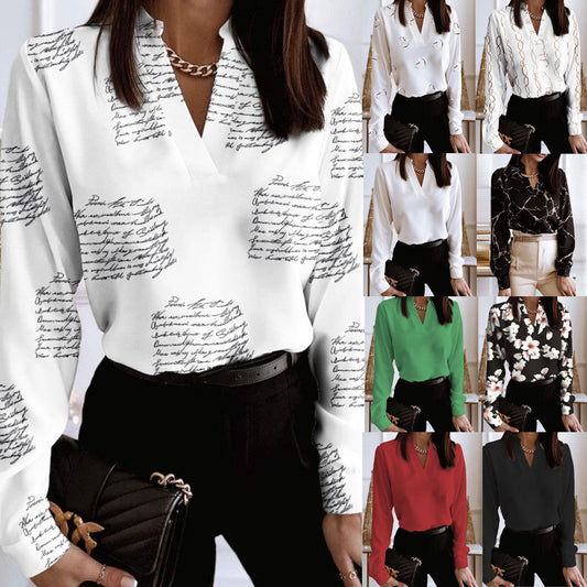 Printed V-Neck Long Sleeve Shirt by Greta 