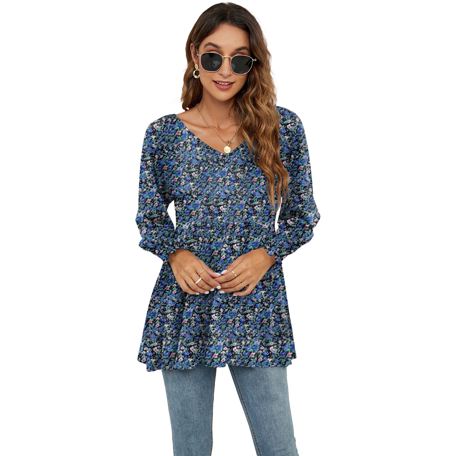 Floral Puff Sleeve V-Neck Top by Greta 